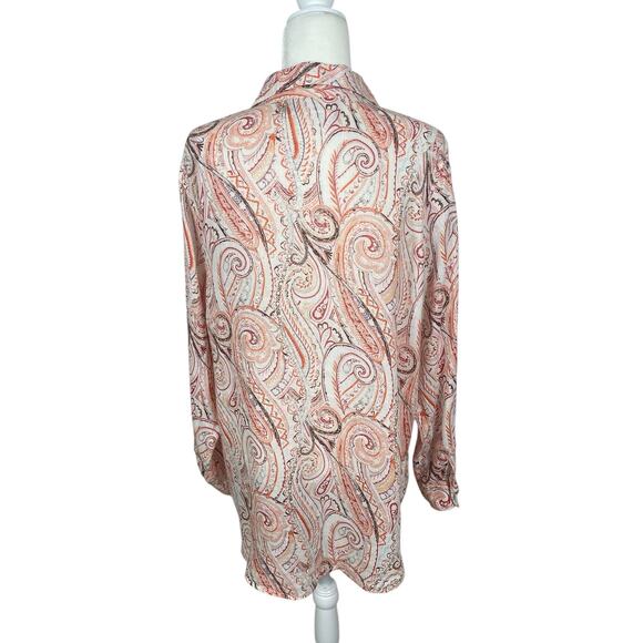 Rachel Zoe 100% Flax Linen Paisley Button Front Roll Tab Sleeve Top Size XL - Picture 6 of 10